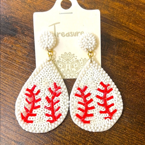 Jewelry - Treasure White and Red Beaded Baseball Earrings
